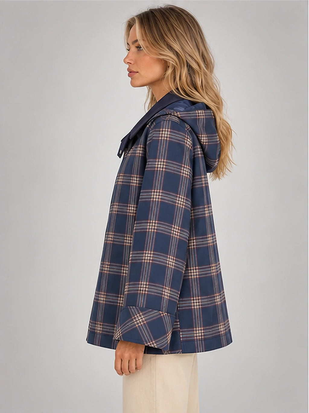 Women's Plaid Hooded Jacket – Oversized Swing Fit in Navy Plaid — side view