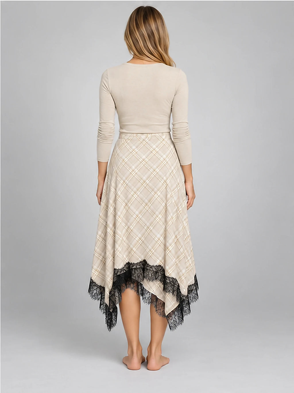 Women's Plaid Lace Midi Skirt – Asymmetric Hem in Apricot Plaid — back view