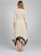 Women's Plaid Lace Midi Skirt – Asymmetric Hem in Apricot Plaid — back view