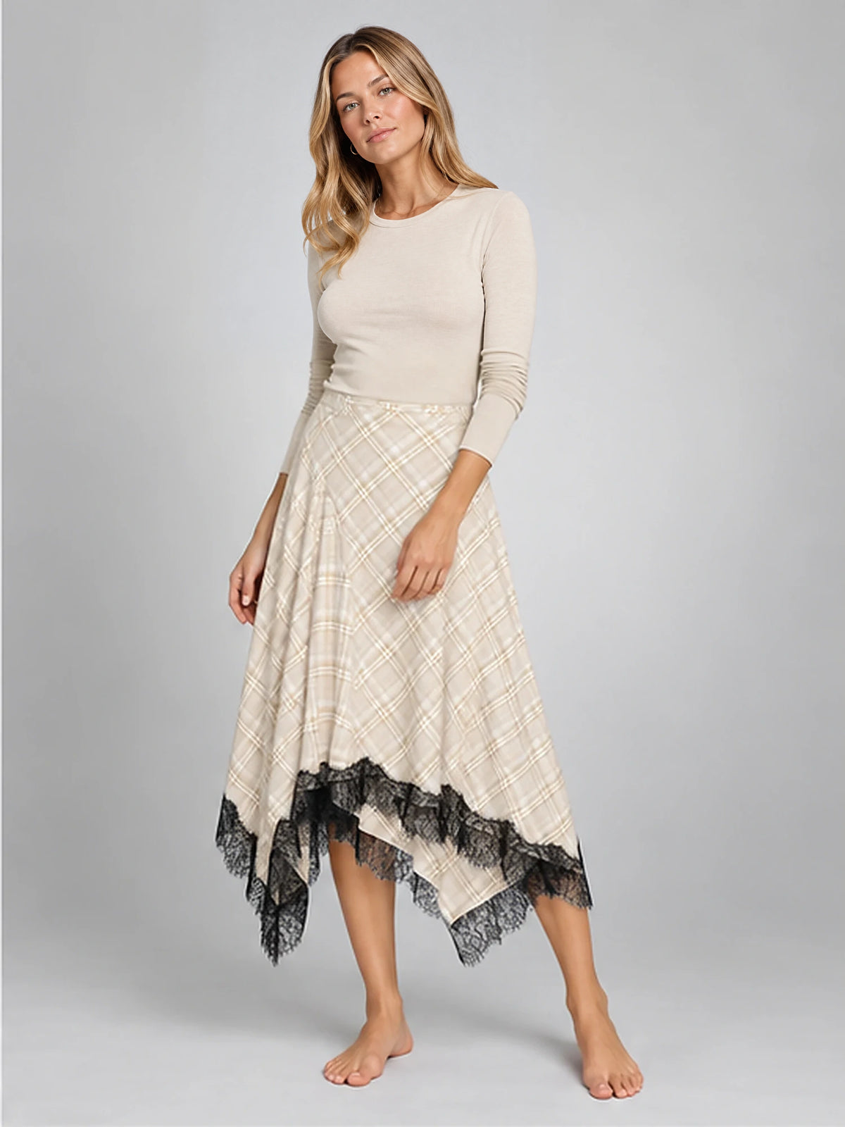 Women's Plaid Lace Midi Skirt – Asymmetric Hem in Apricot Plaid — alternate view