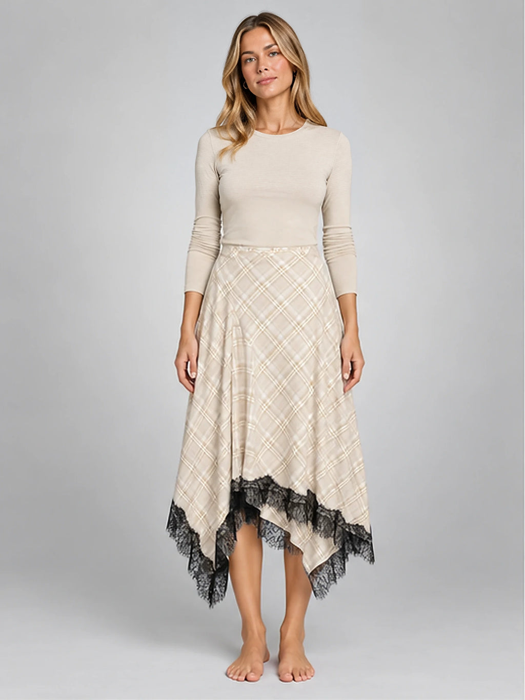 Women's Plaid Lace Midi Skirt – Asymmetric Hem in Apricot Plaid — front view