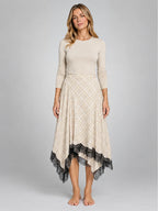 Women's Plaid Lace Midi Skirt – Asymmetric Hem in Apricot Plaid — front view