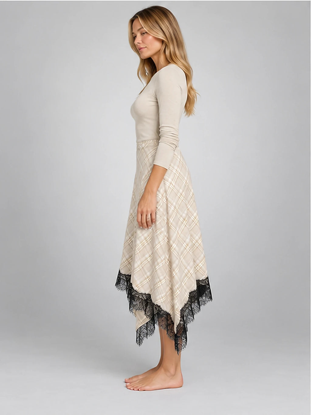 Women's Plaid Lace Midi Skirt – Asymmetric Hem in Apricot Plaid — side view