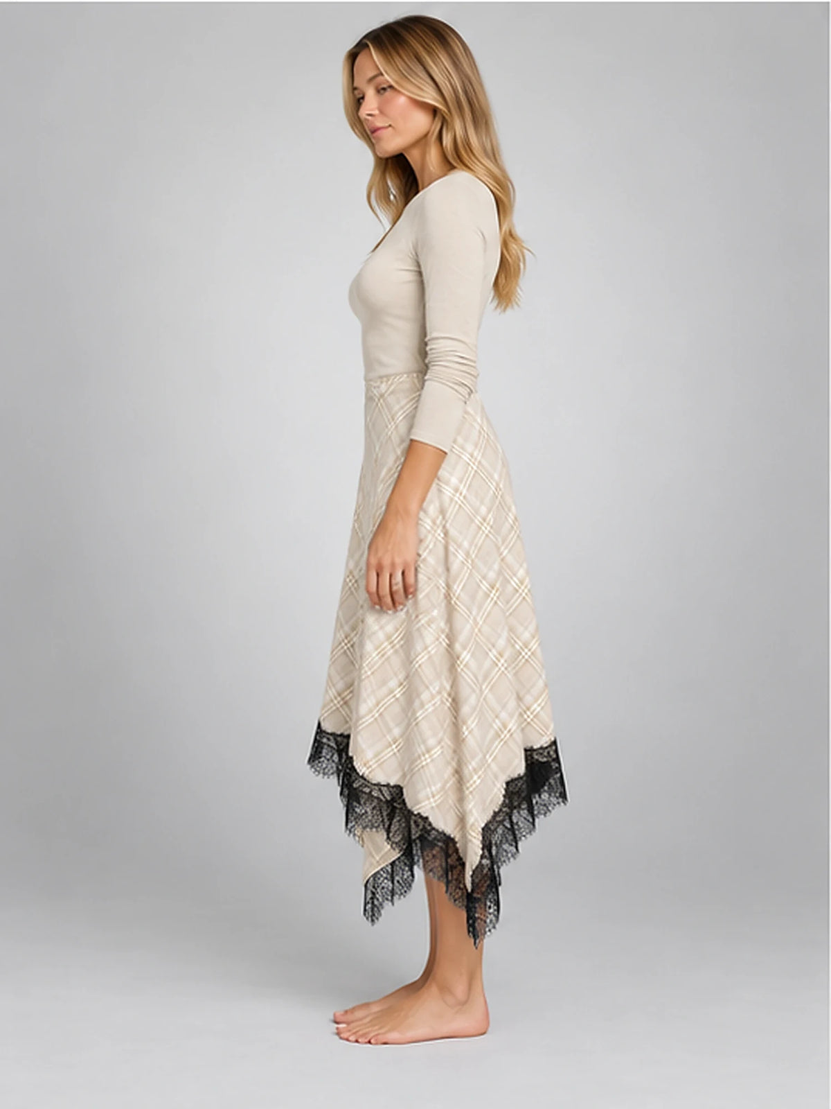 Women's Plaid Lace Midi Skirt – Asymmetric Hem in Apricot Plaid — side view