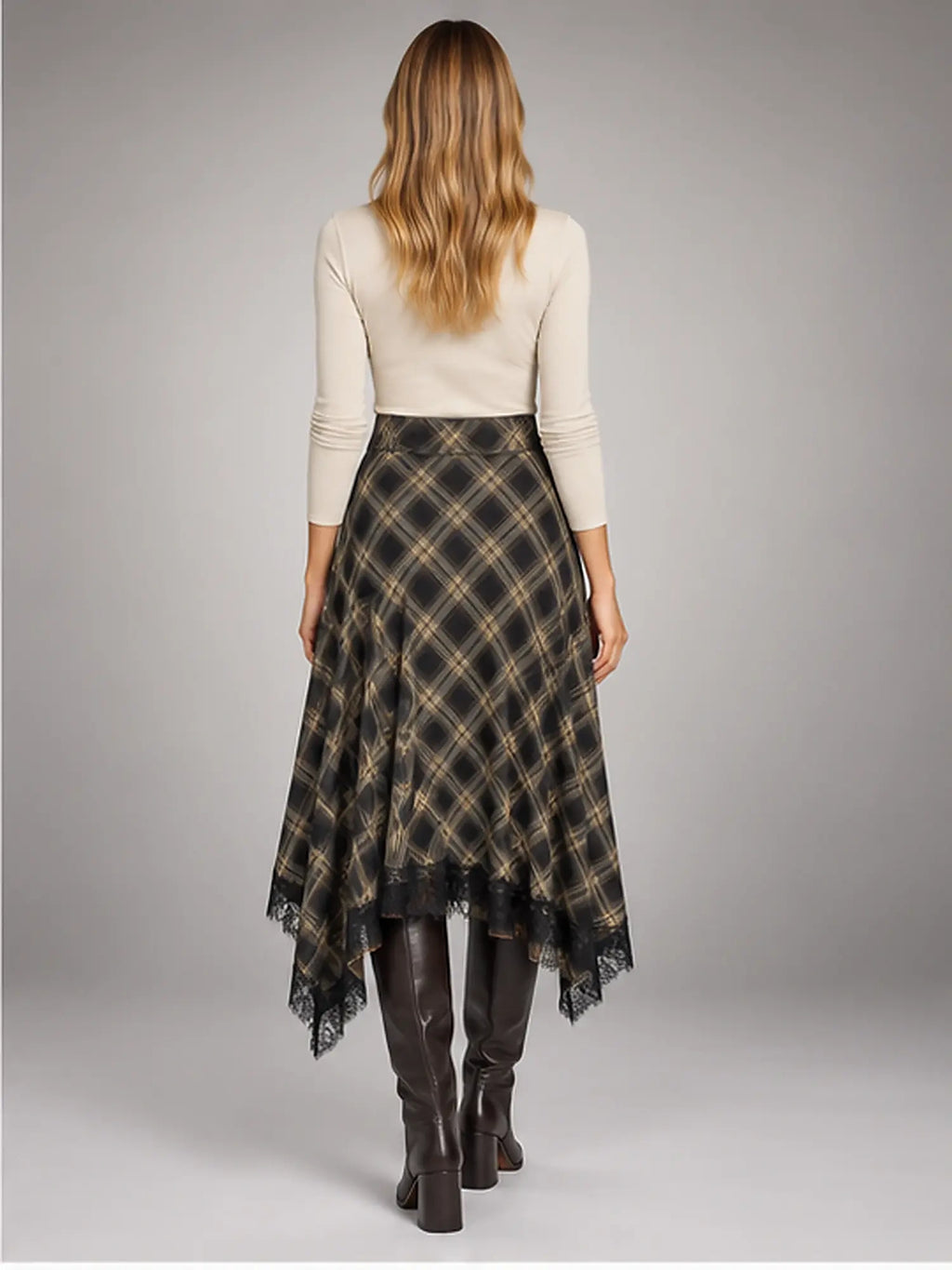 Women's Plaid Lace Midi Skirt – Asymmetric Hem in Black Plaid — back view