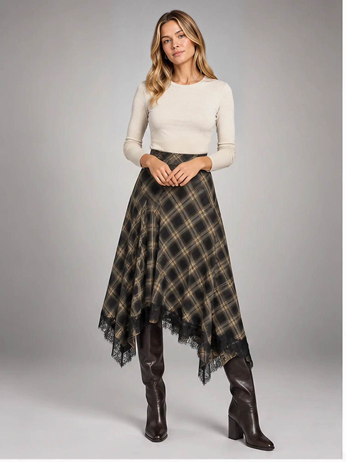 Women's Plaid Lace Midi Skirt – Asymmetric Hem in Black Plaid — front view
