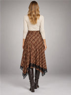 Women's Plaid Lace Midi Skirt – Asymmetric Hem in Brown Plaid — back view