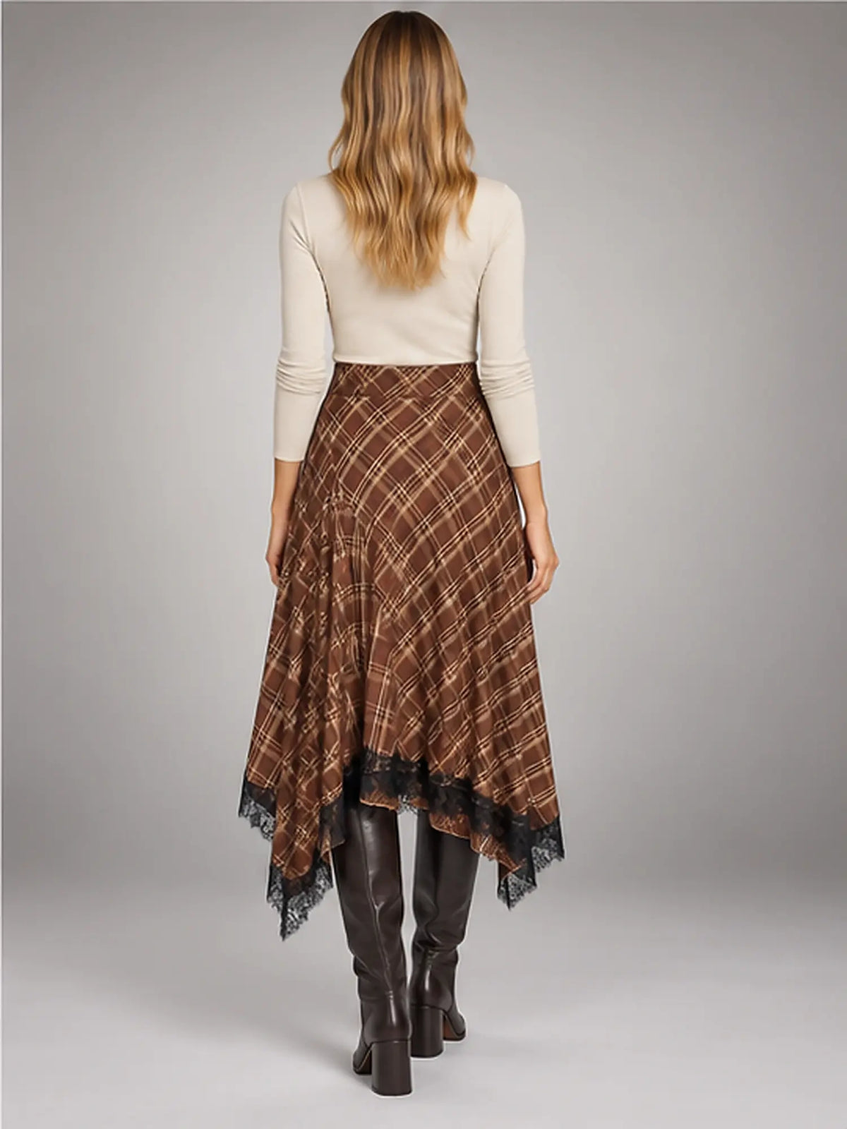 Women's Plaid Lace Midi Skirt – Asymmetric Hem in Brown Plaid — back view