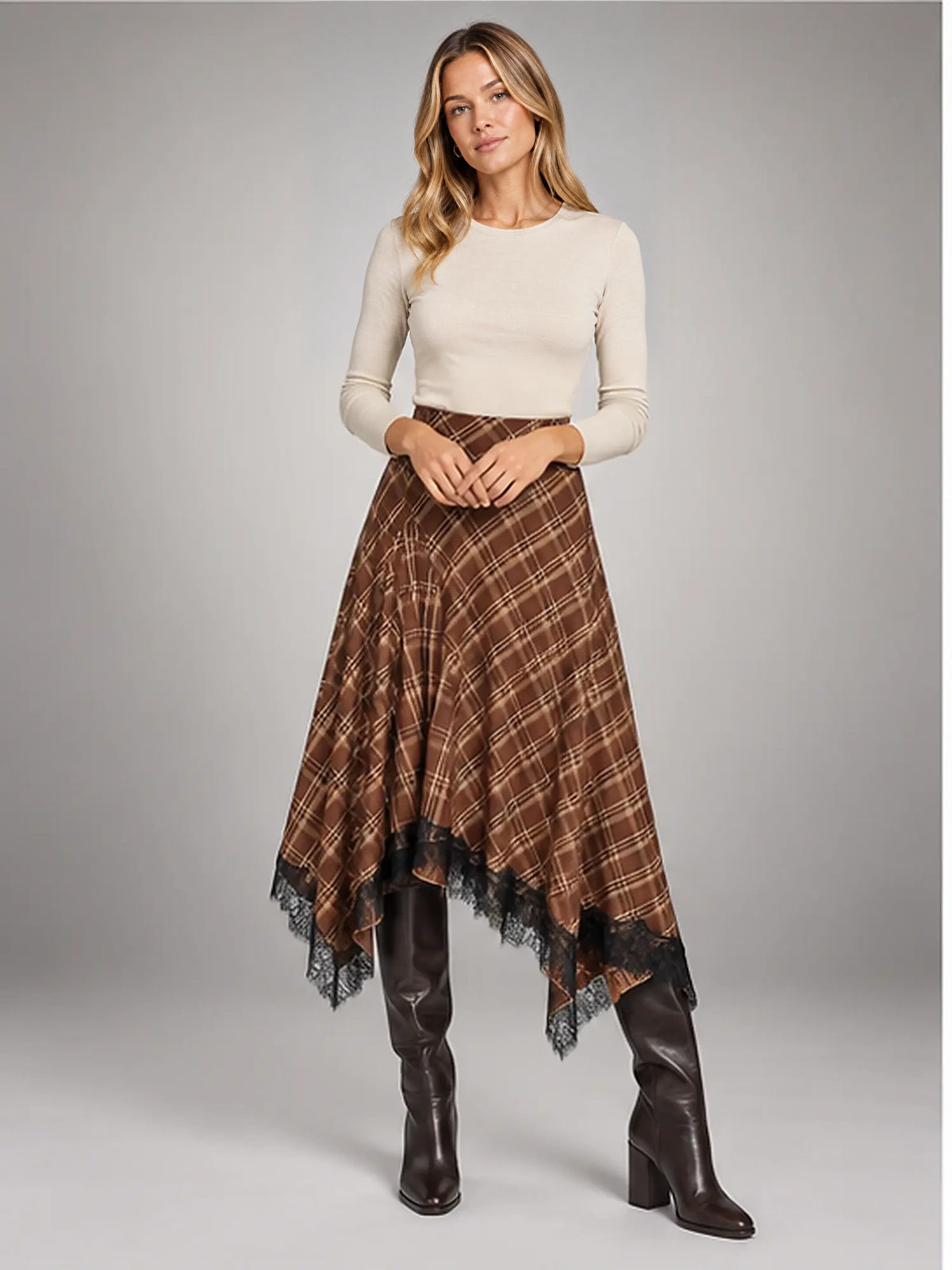 Women's Plaid Lace Midi Skirt – Asymmetric Hem in Brown Plaid — front view