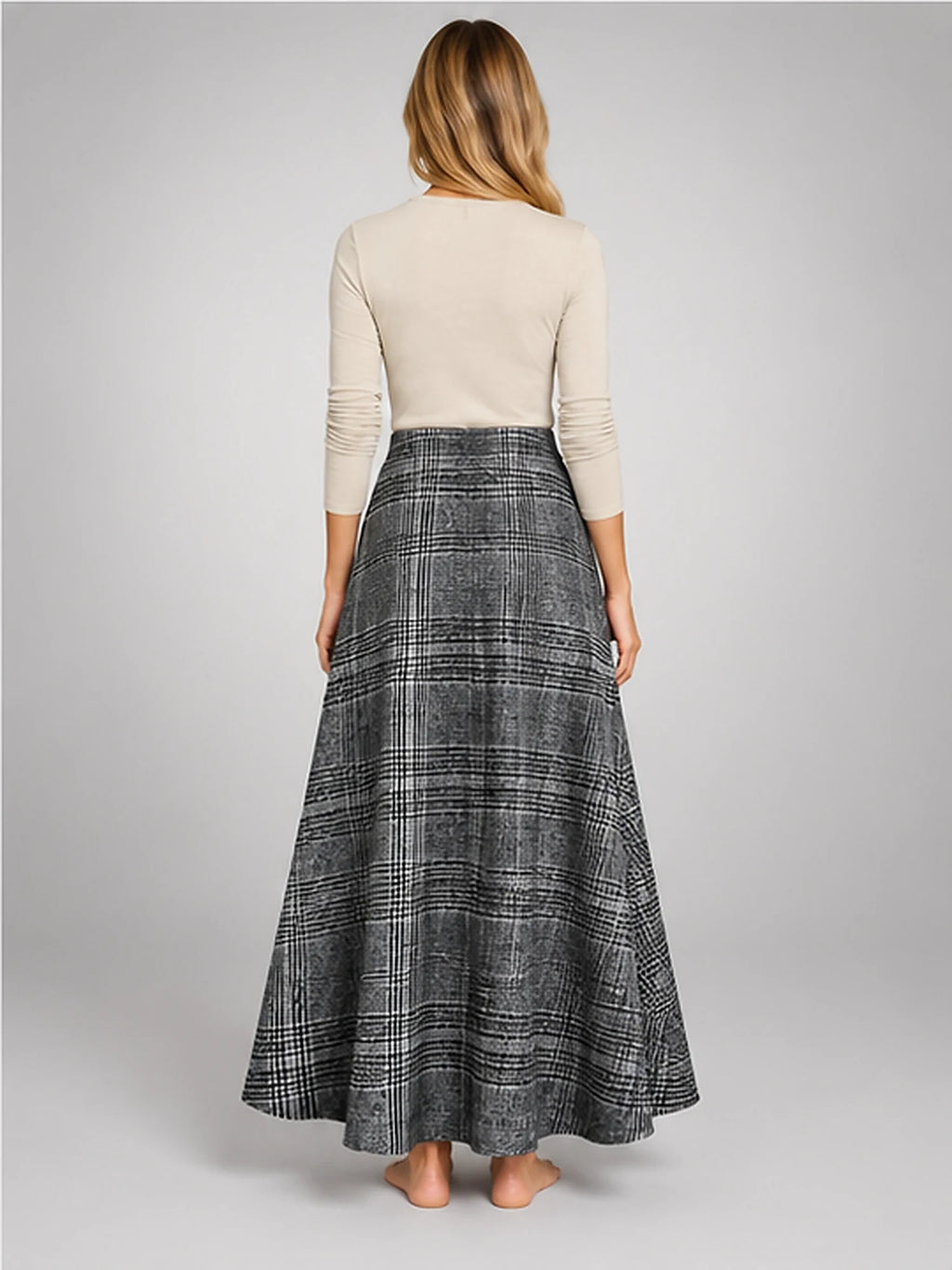 Women's Plaid Maxi Skirt – High Waist A-Line in Grey Plaid — back view