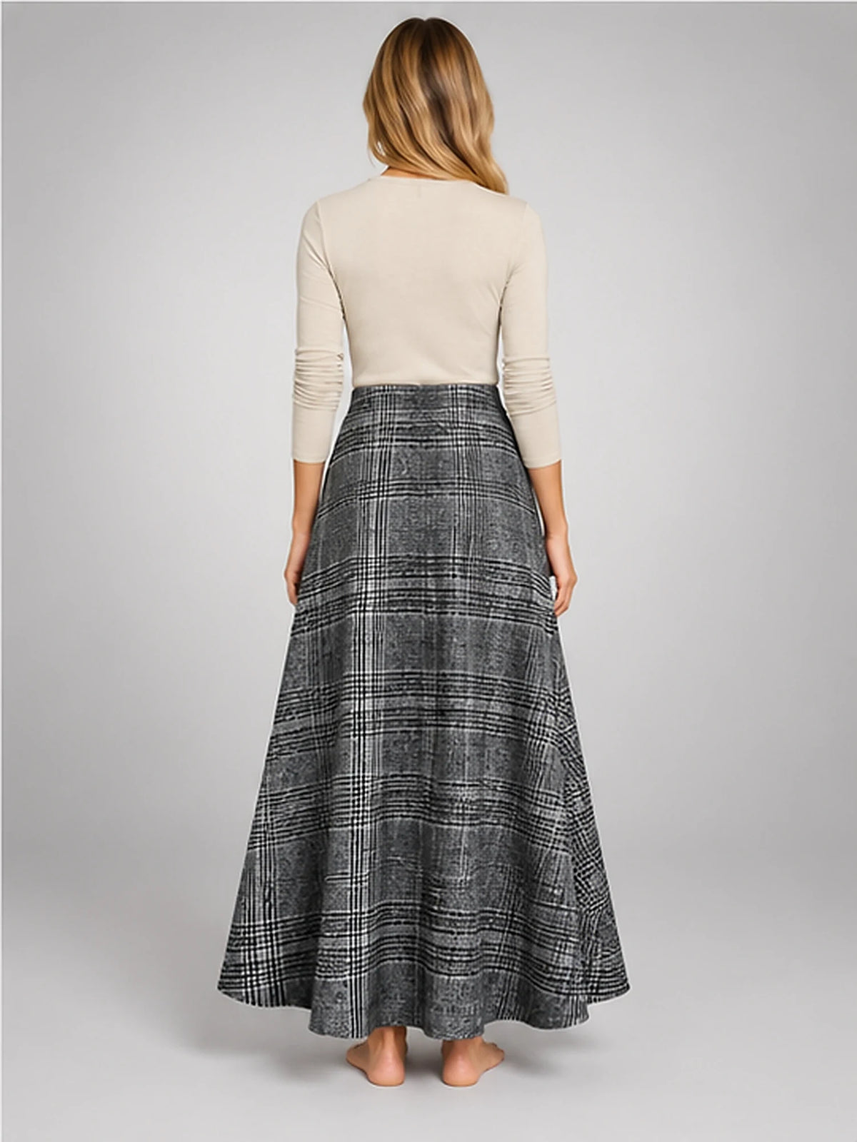Women's Plaid Maxi Skirt – High Waist A-Line in Grey Plaid — back view