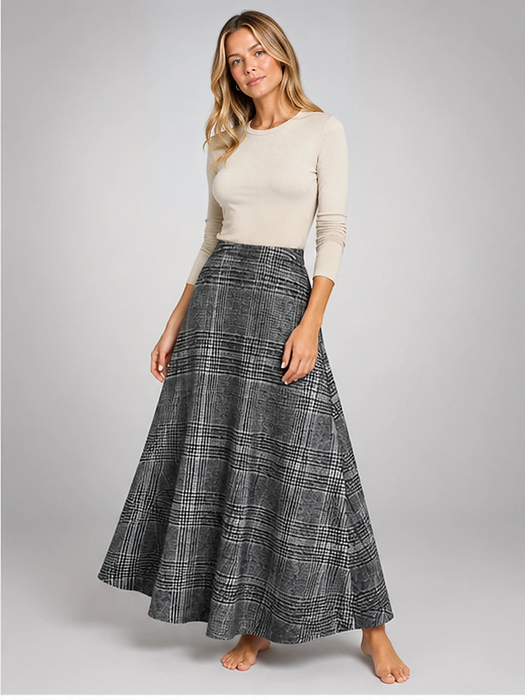 Women's Plaid Maxi Skirt – High Waist A-Line in Grey Plaid — alternate view