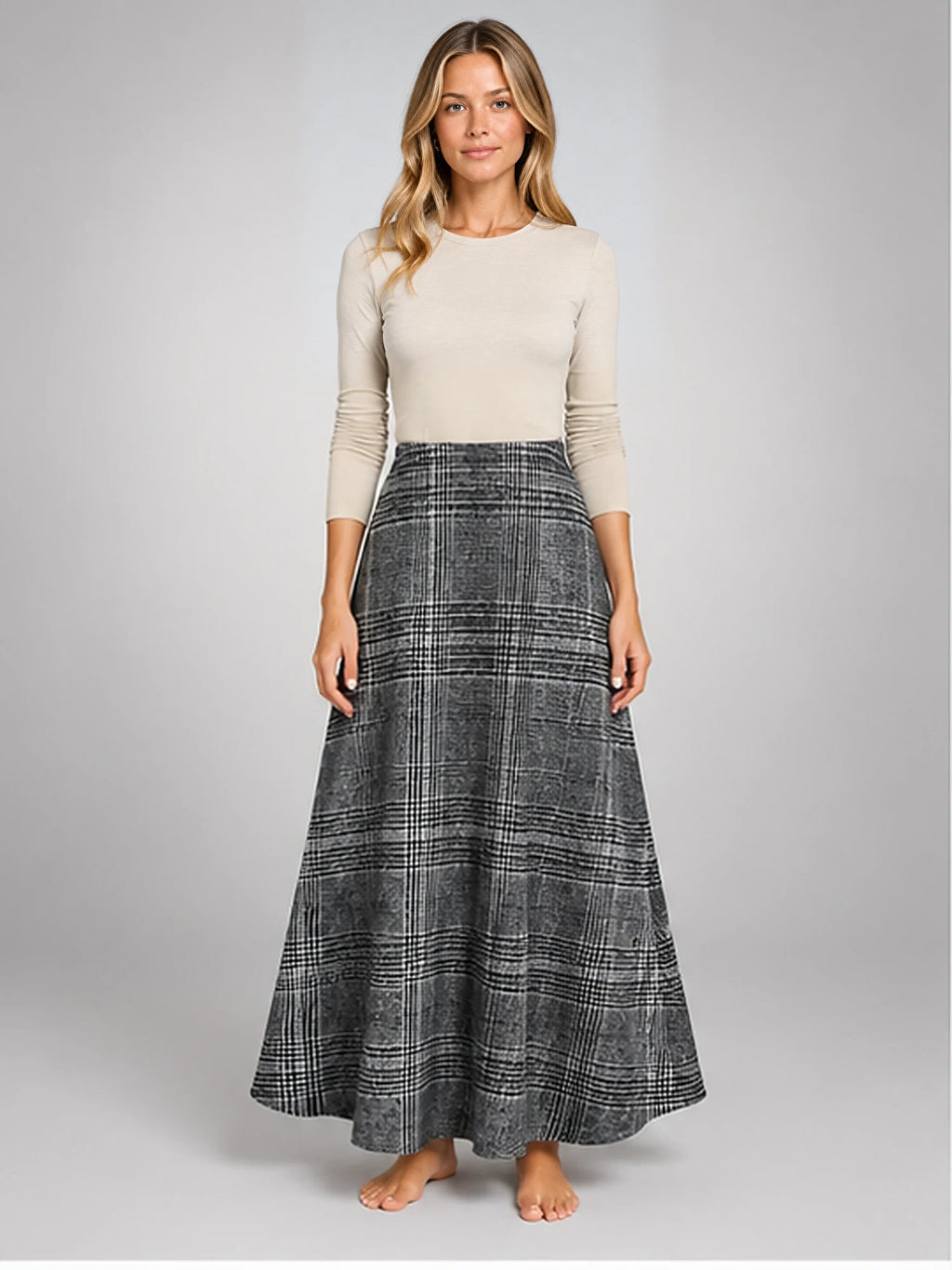 Women's Plaid Maxi Skirt – High Waist A-Line in Grey Plaid — front view