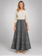 Women's Plaid Maxi Skirt – High Waist A-Line in Grey Plaid — front view