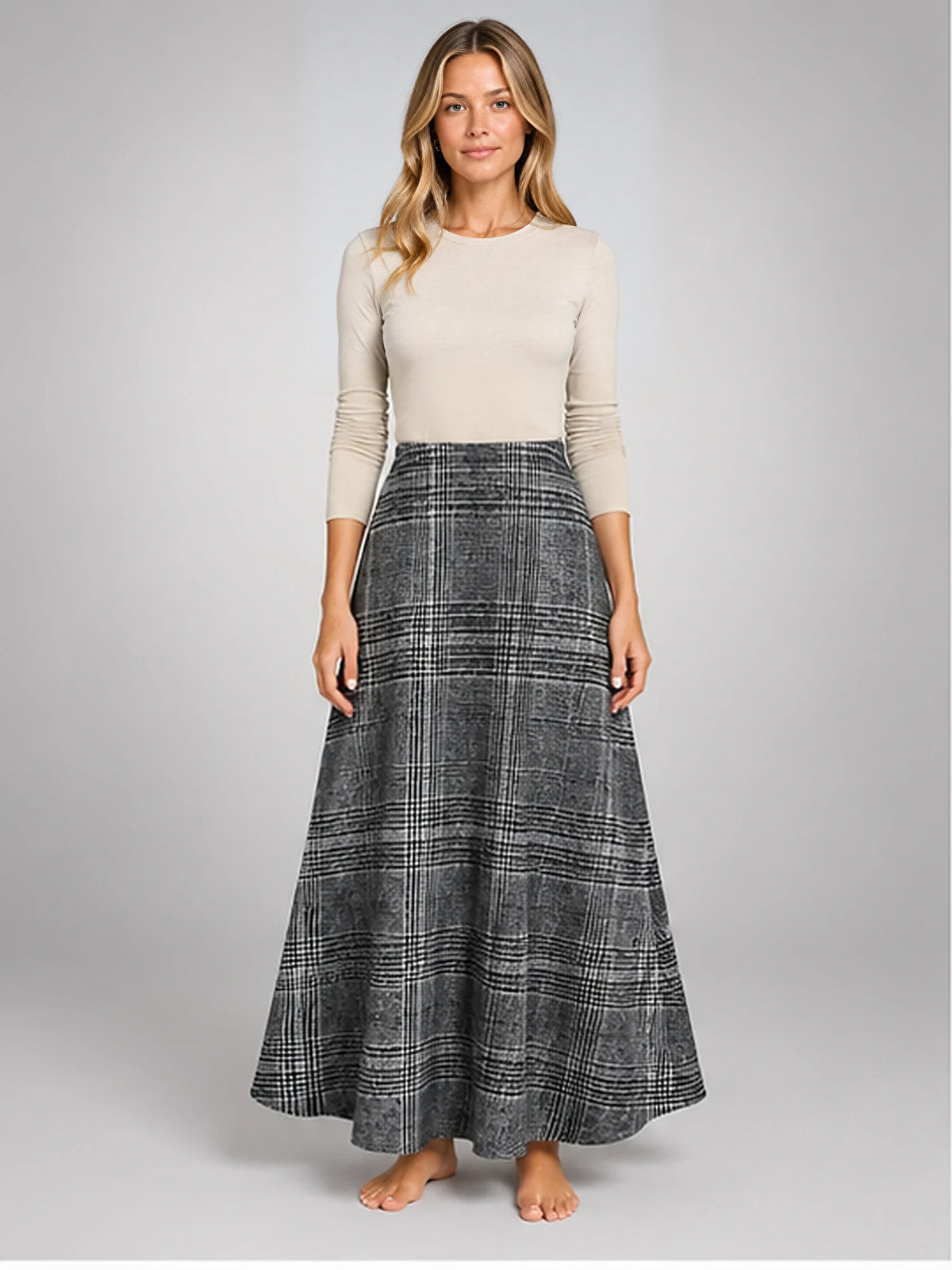 Women's Plaid Maxi Skirt – High Waist A-Line in Grey Plaid — front view