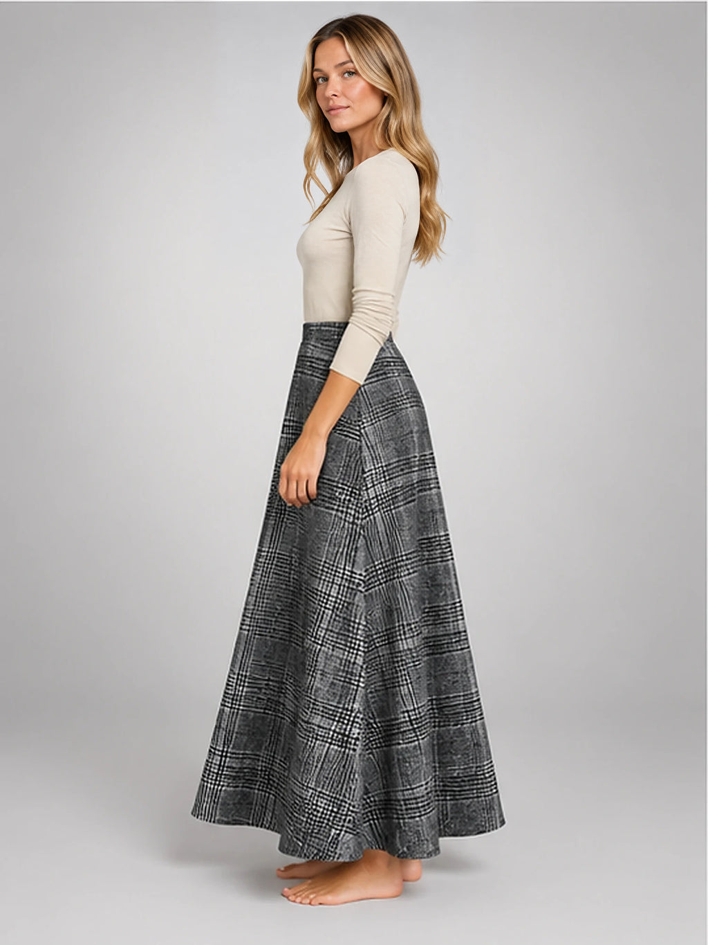 Women's Plaid Maxi Skirt – High Waist A-Line in Grey Plaid — side view