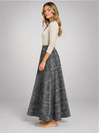 Women's Plaid Maxi Skirt – High Waist A-Line in Grey Plaid — side view