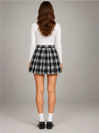 Women's Plaid Pleated Mini Skirt – Preppy A-Line in Black White Plaid — back view