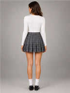Women's Plaid Pleated Mini Skirt – Preppy A-Line in Charcoal Grey Plaid — back view