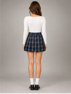Women's Plaid Pleated Mini Skirt – Preppy A-Line in Navy Tan Plaid — back view