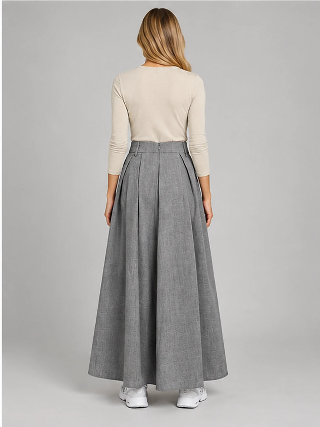 Women's Pleated Maxi Skirt – Relaxed A-Line in Grey — back view