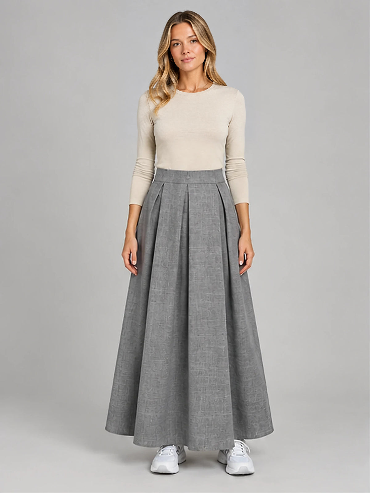 Women's Pleated Maxi Skirt – Relaxed A-Line in Grey — front view
