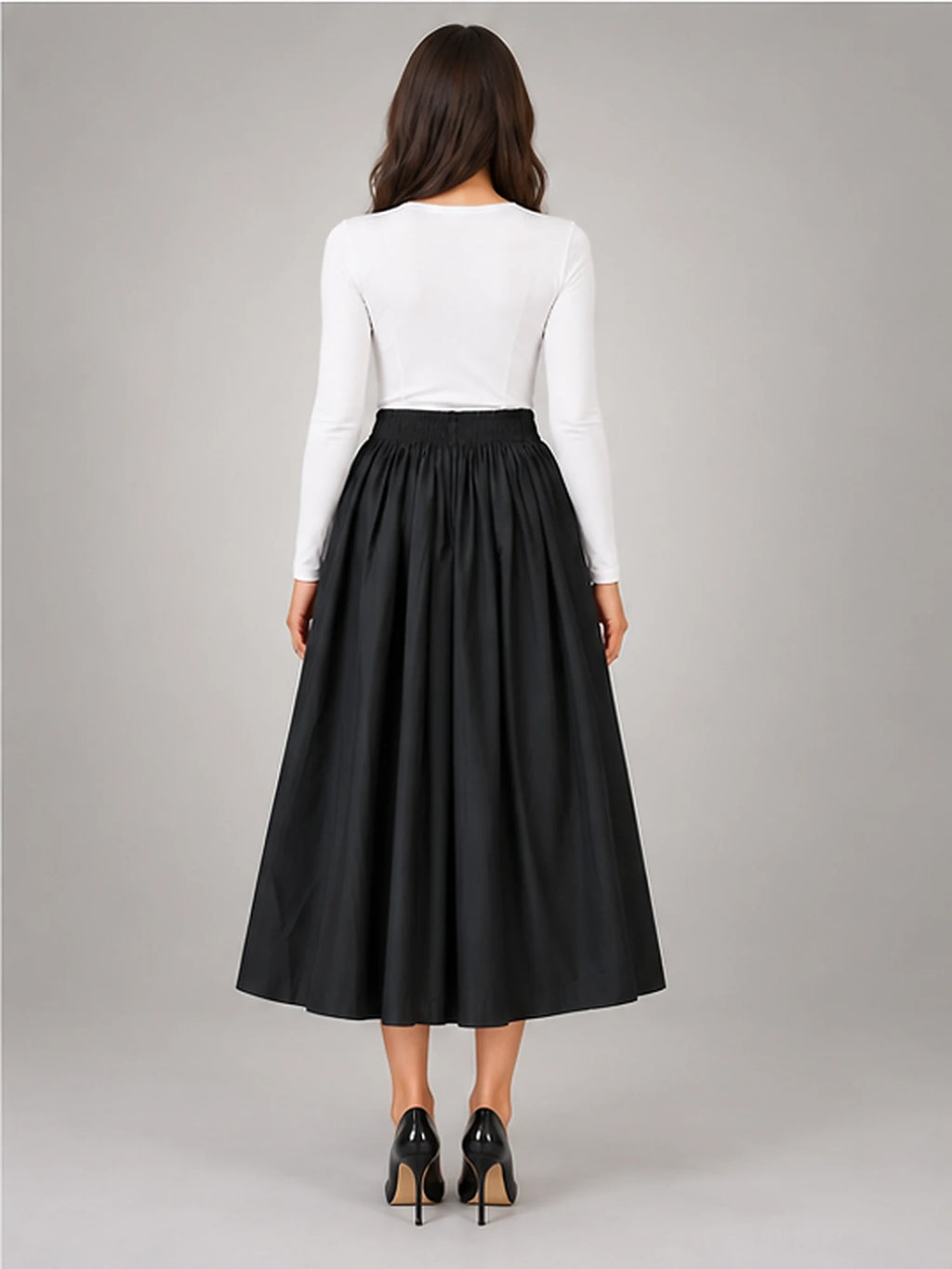 Women's Pleated Midi Skirt – Elastic High Waist in Black — back view