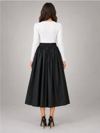 Women's Pleated Midi Skirt – Elastic High Waist in Black — back view