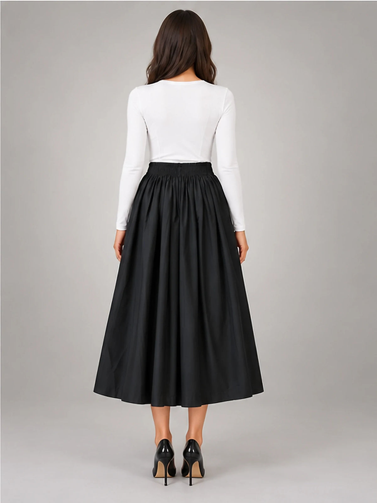 Women's Pleated Midi Skirt – Elastic High Waist in Black — back view