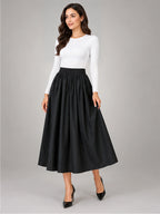 Women's Pleated Midi Skirt – Elastic High Waist in Black — alternate view