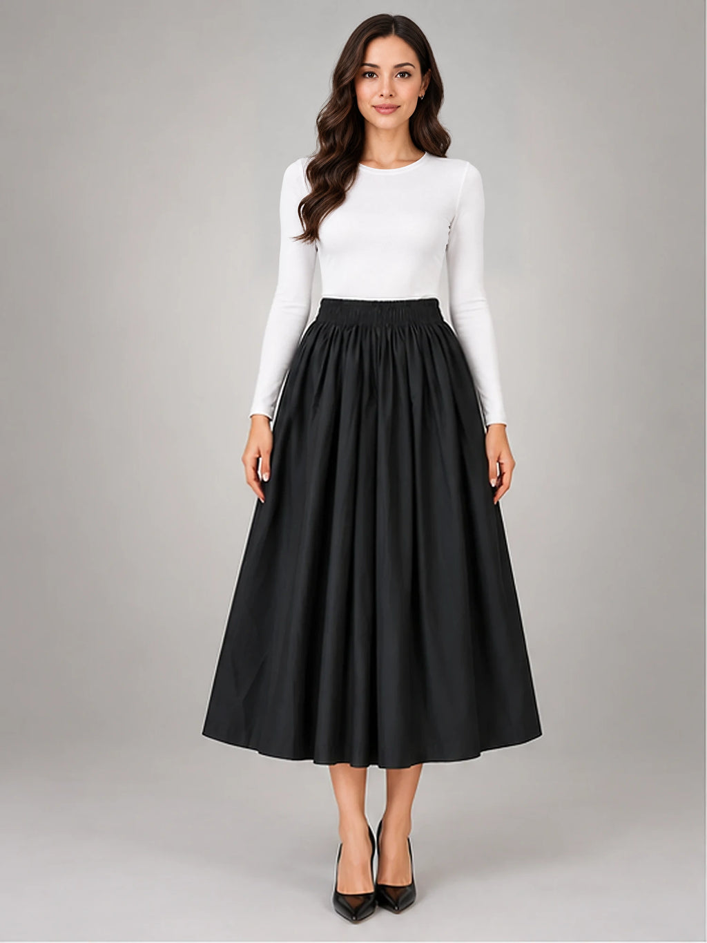 Women's Pleated Midi Skirt – Elastic High Waist in Black — front view