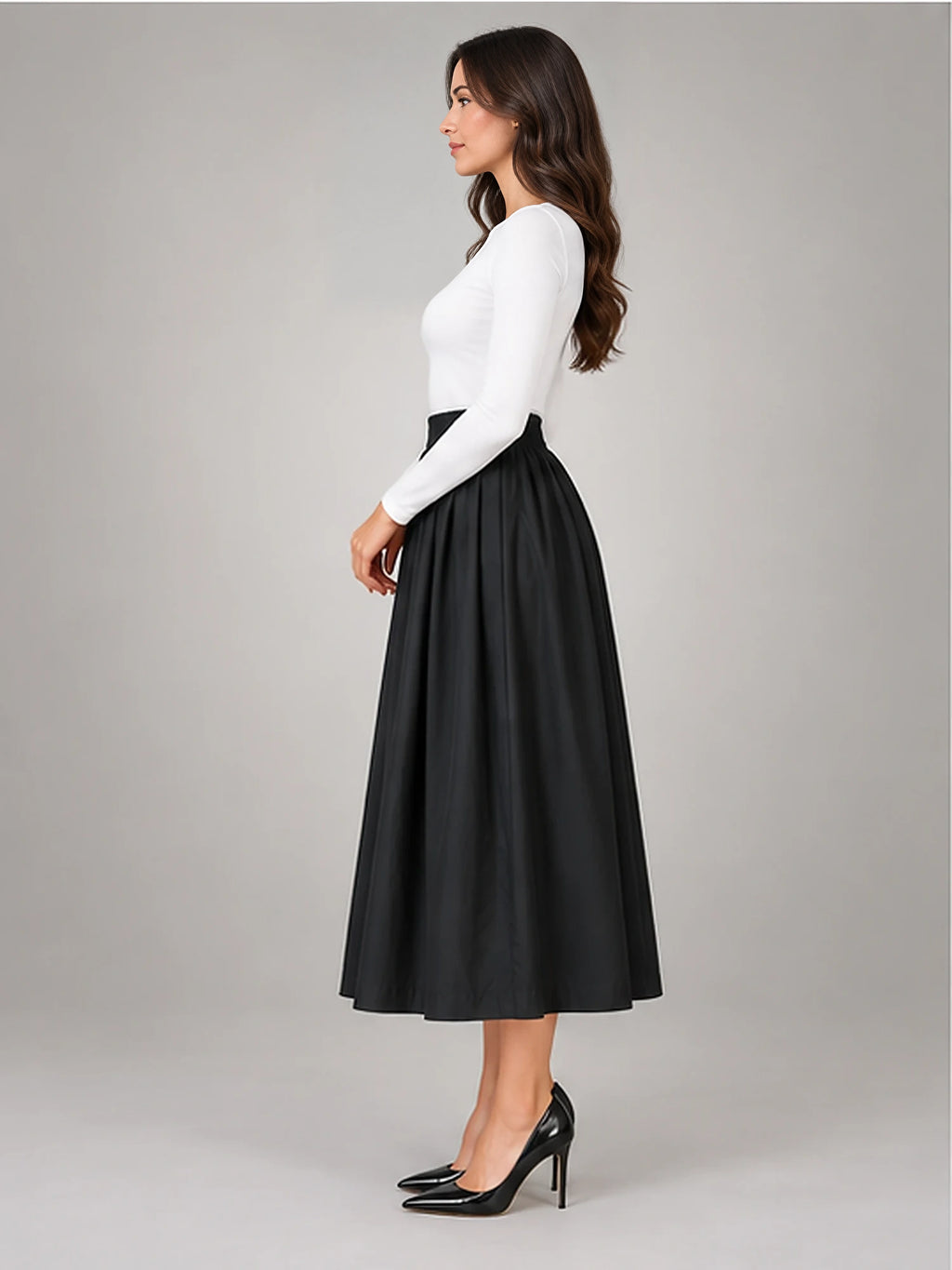 Women's Pleated Midi Skirt – Elastic High Waist in Black — side view