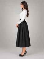 Women's Pleated Midi Skirt – Elastic High Waist in Black — side view