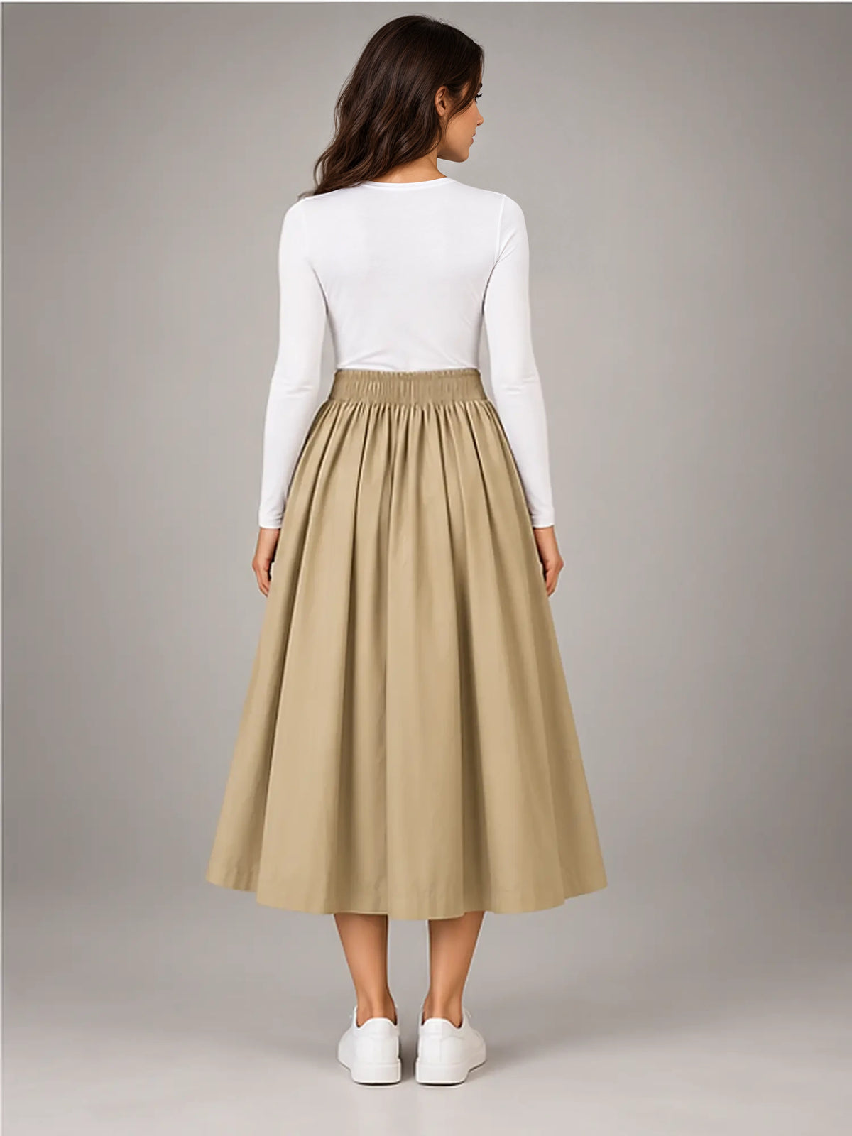 Women's Pleated Midi Skirt – Elastic High Waist in Khaki — back view