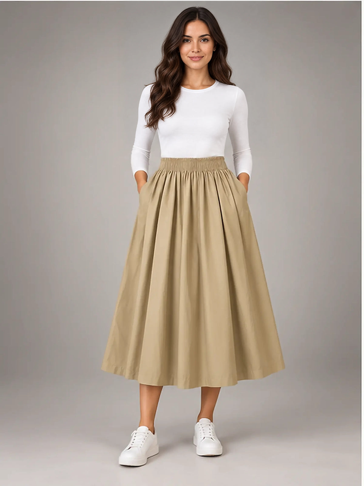 Women's Pleated Midi Skirt – Elastic High Waist in Khaki — front view