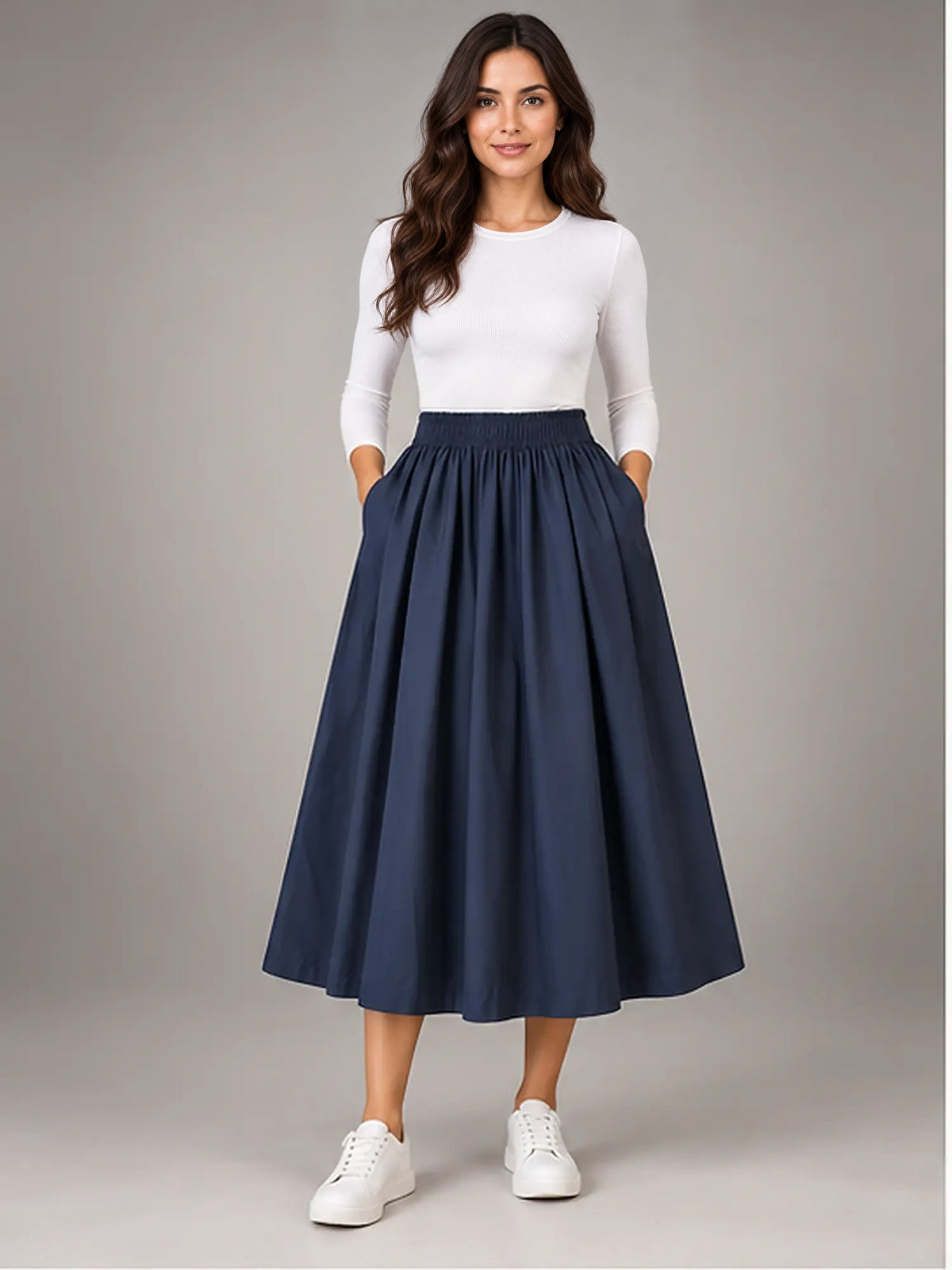 Women's Pleated Midi Skirt – Elastic High Waist in Navy — front view