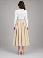 Women's Pleated Midi Skirt – High Waist A-Line in Apricot — back view