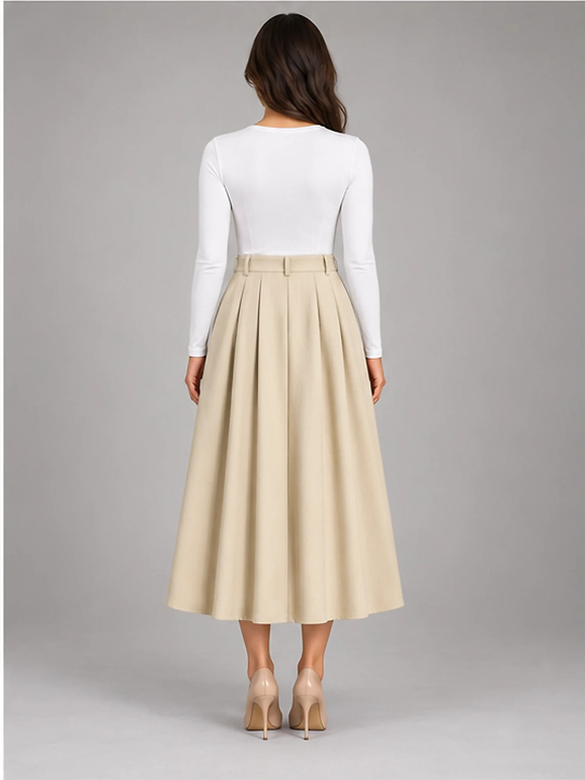 Women's Pleated Midi Skirt – High Waist A-Line in Apricot — back view