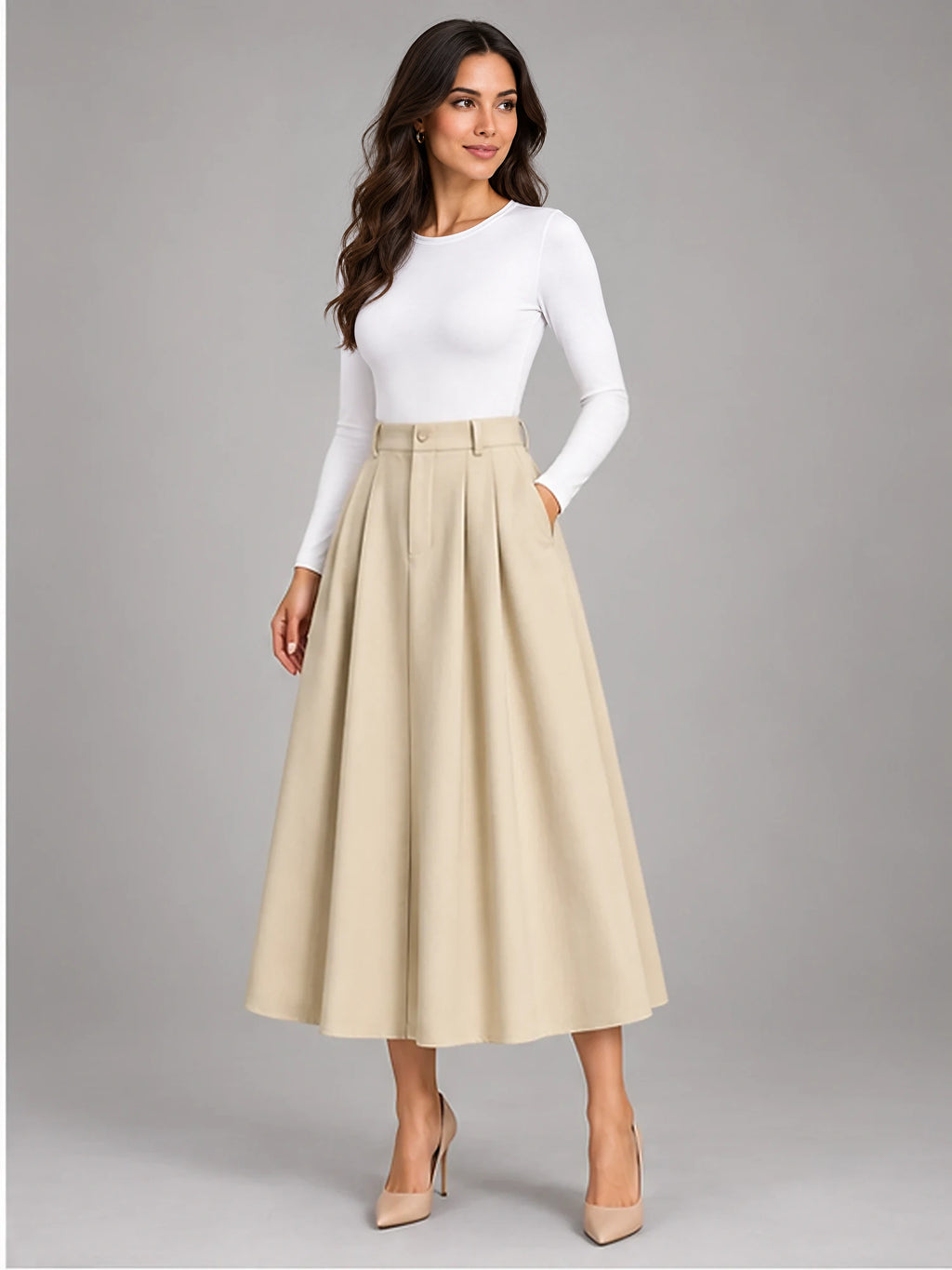 Women's Pleated Midi Skirt – High Waist A-Line in Apricot — alternate view