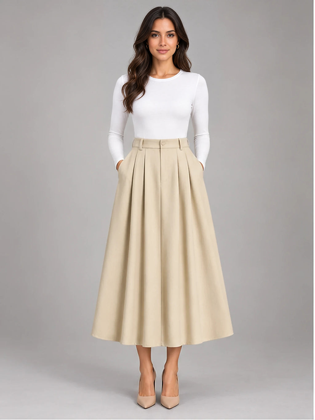 Women's Pleated Midi Skirt – High Waist A-Line in Apricot — front view