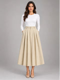 Women's Pleated Midi Skirt – High Waist A-Line in Apricot — front view