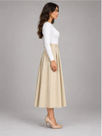 Women's Pleated Midi Skirt – High Waist A-Line in Apricot — side view