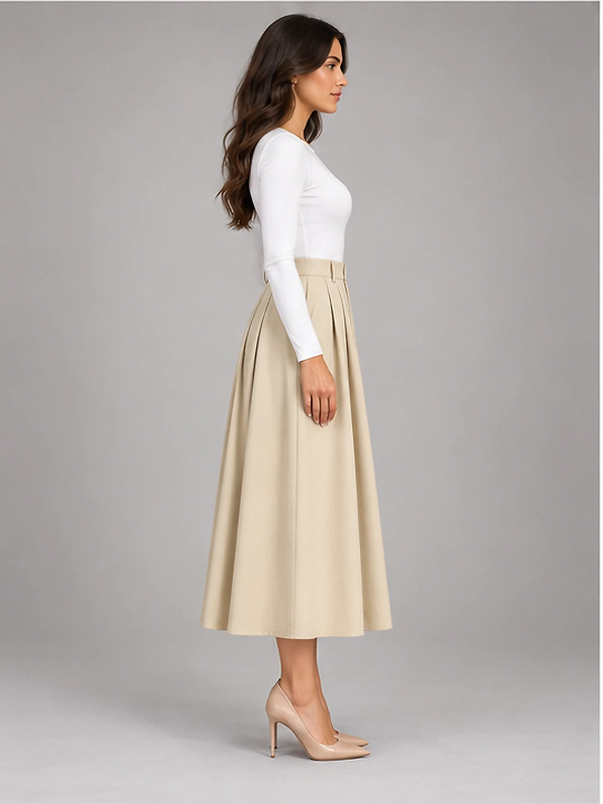 Women's Pleated Midi Skirt – High Waist A-Line in Apricot — side view