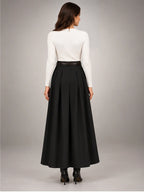 Women's Pleated Midi Skirt – High Waist A-Line in Black — back view