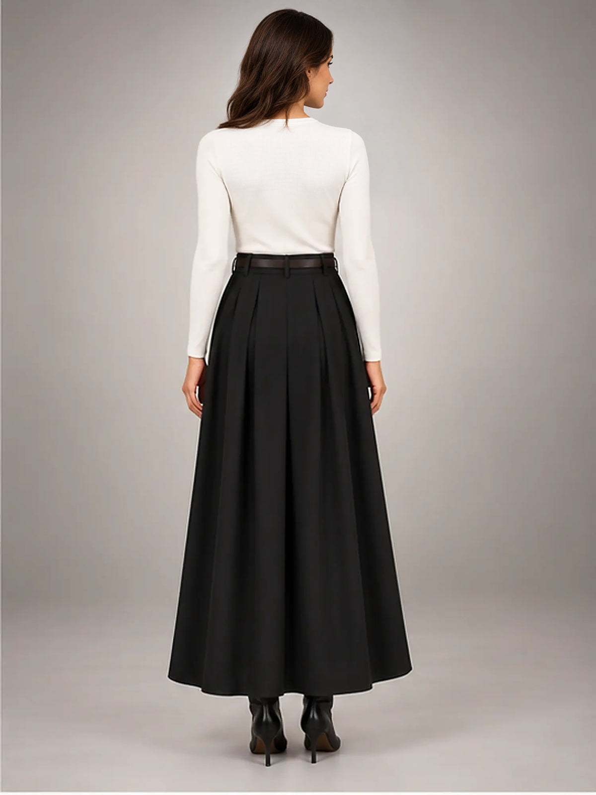 Women's Pleated Midi Skirt – High Waist A-Line in Black — back view