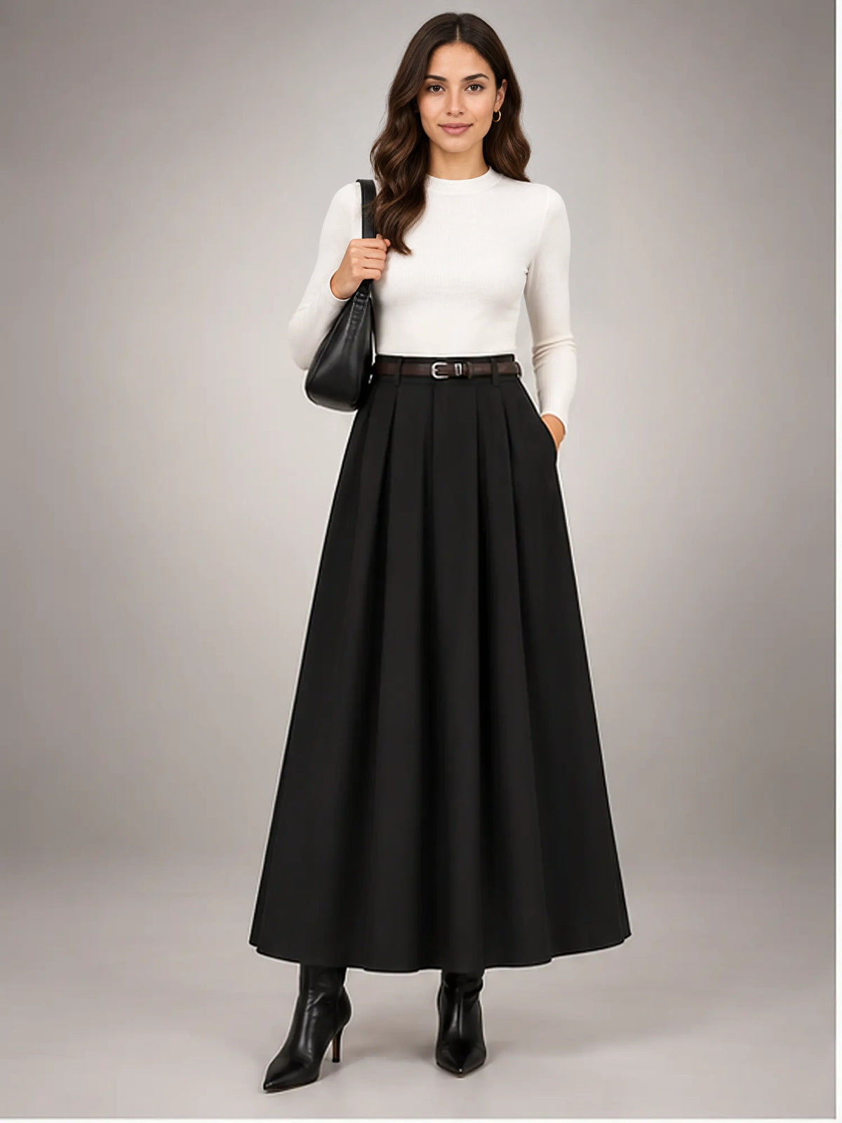 Women's Pleated Midi Skirt – High Waist A-Line in Black — front view