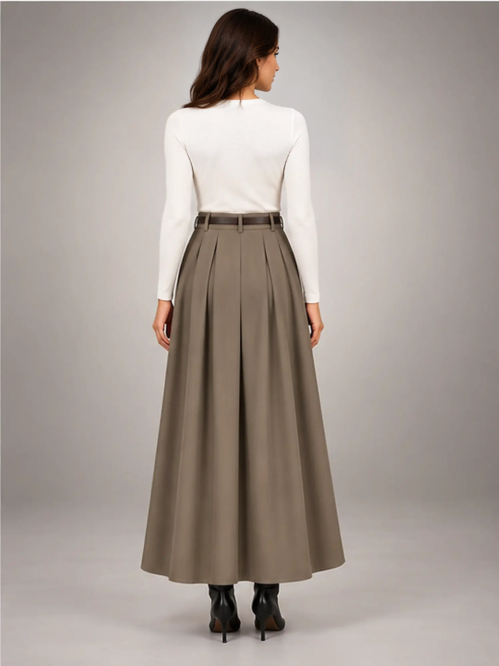 Women's Pleated Midi Skirt – High Waist A-Line in Olive — back view