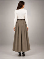 Women's Pleated Midi Skirt – High Waist A-Line in Olive — back view