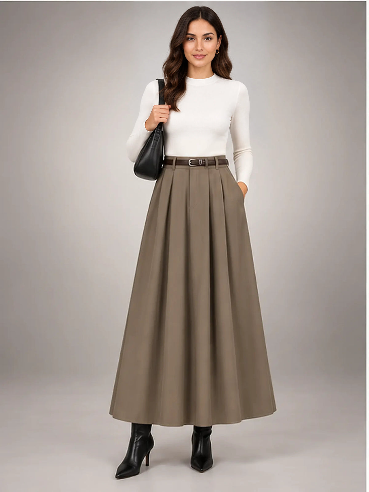 Women's Pleated Midi Skirt – High Waist A-Line in Olive — front view