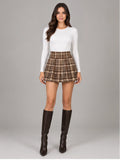 Women's Pleated Mini Skirt – Wool-Blend Preppy Style in Coffee Plaid — front view